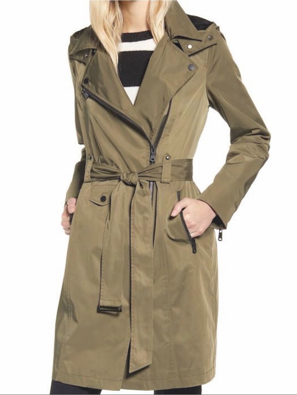 Avec Les Filles Moto Detail Trench Coat – Olive Green Sz XS